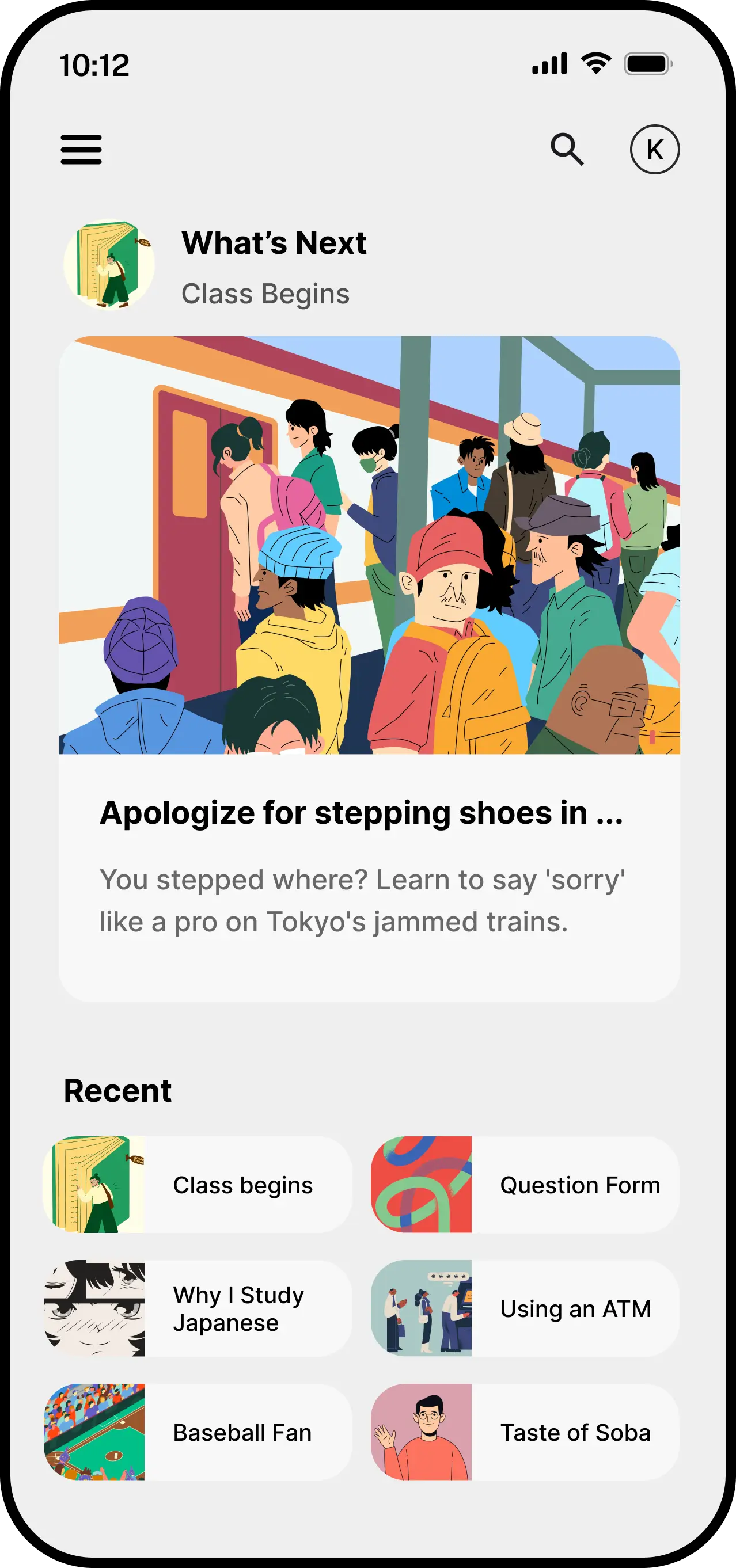 Kotrin app screenshots showing Japanese lessons and practice
